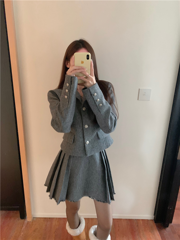 Real shot ~ Suit and skirt suit for women in autumn and winter, slimming and covering the flesh, high-end Korean college style two-piece set