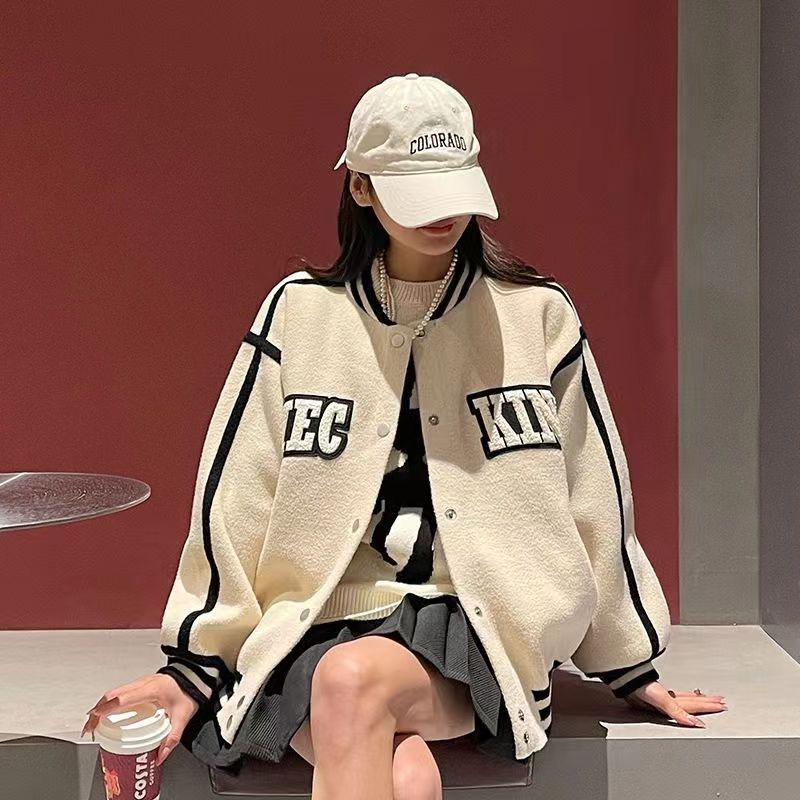 Autumn and winter woolen coats for women 2023 new baseball uniforms American style street niche design wool tops for small people