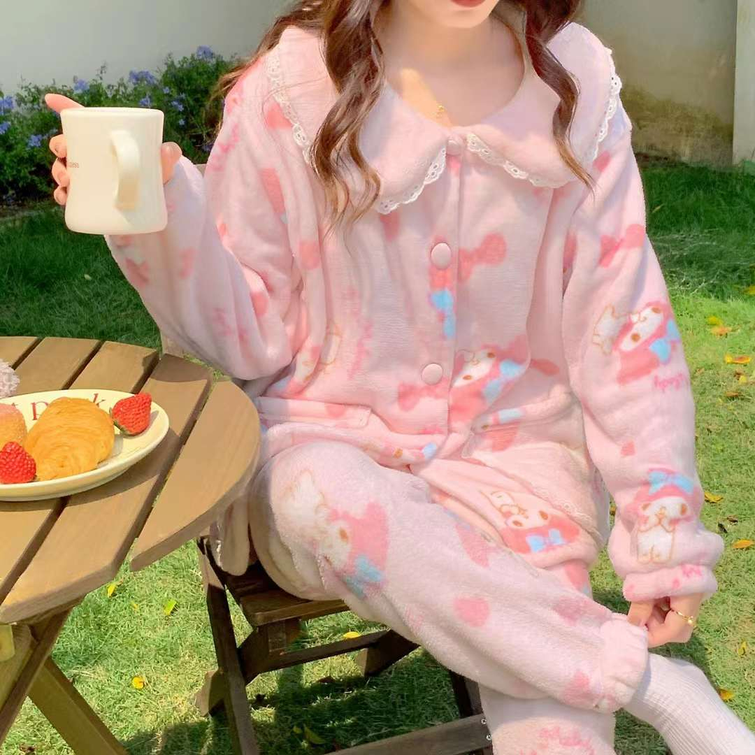 艾尚冬季韩版新款法兰绒睡衣卡通美乐蒂少女家居服套装可外穿