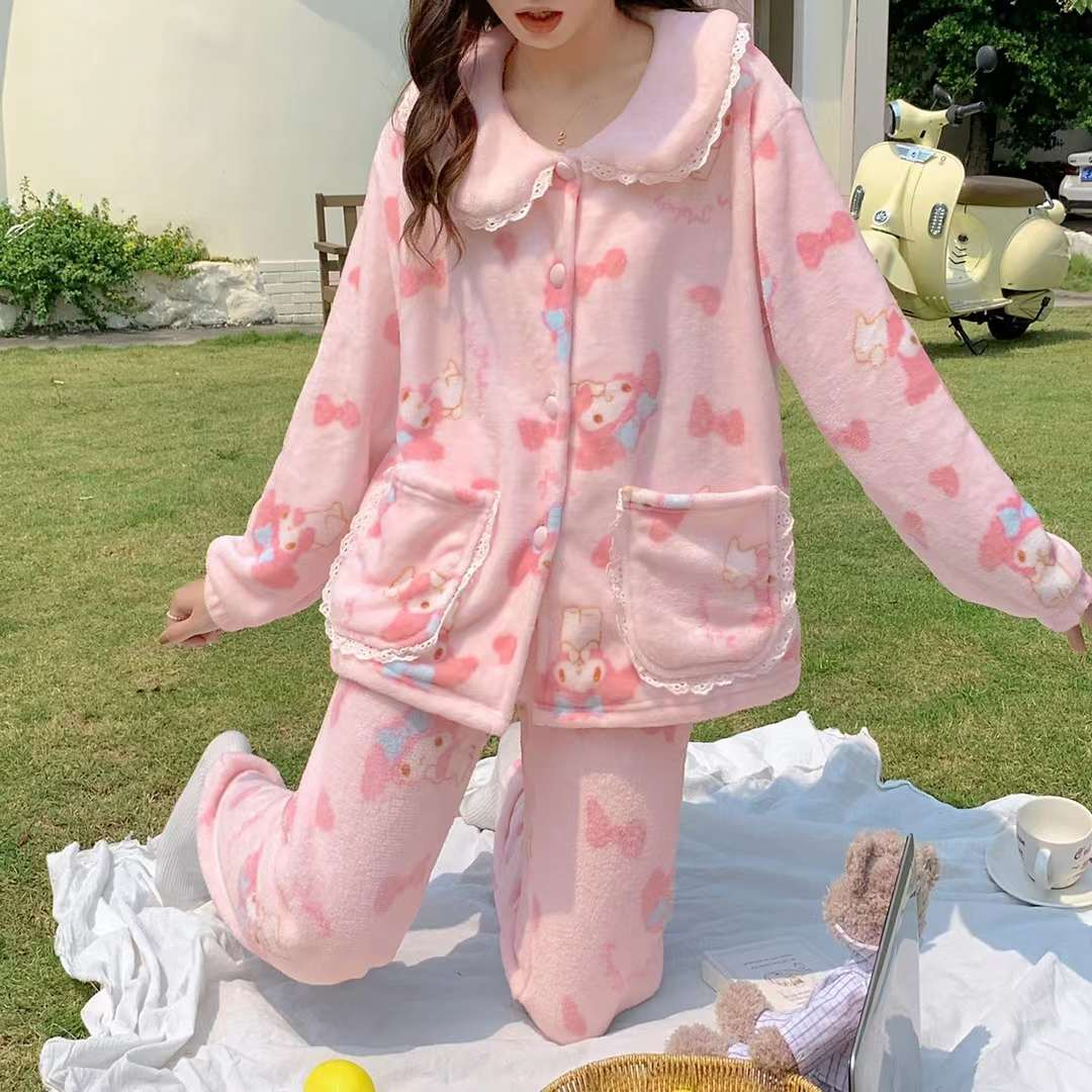 艾尚冬季韩版新款法兰绒睡衣卡通美乐蒂少女家居服套装可外穿
