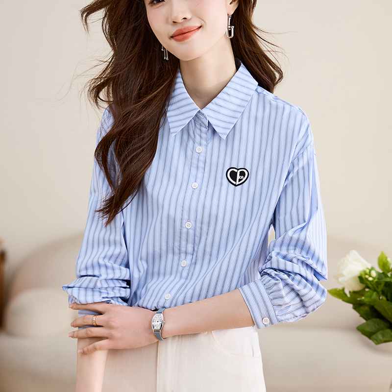 實拍純棉條紋襯衫女2026春秋款時尚休閑減齡愛心章仔長袖襯衣
