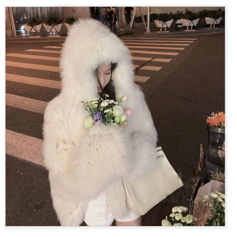 2023 hooded fox fur coat for women winter mid-length Internet celebrity young style woven eco-friendly fur plush coat
