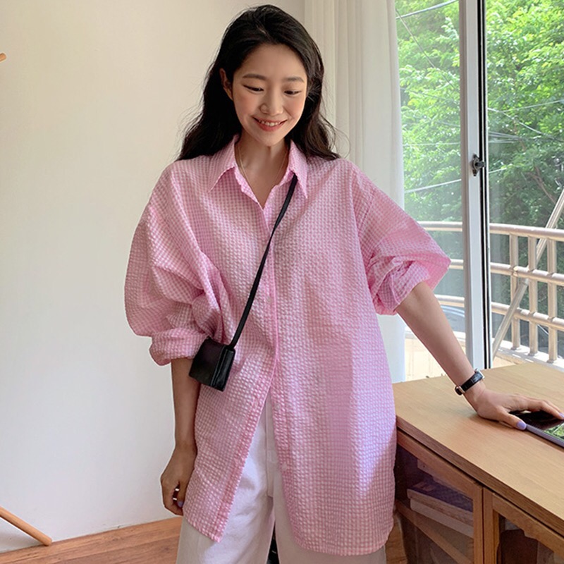 chic lazy and gentle girl Korean niche spring and summer wear bubble cotton texture plaid mid-length sun protection clothing