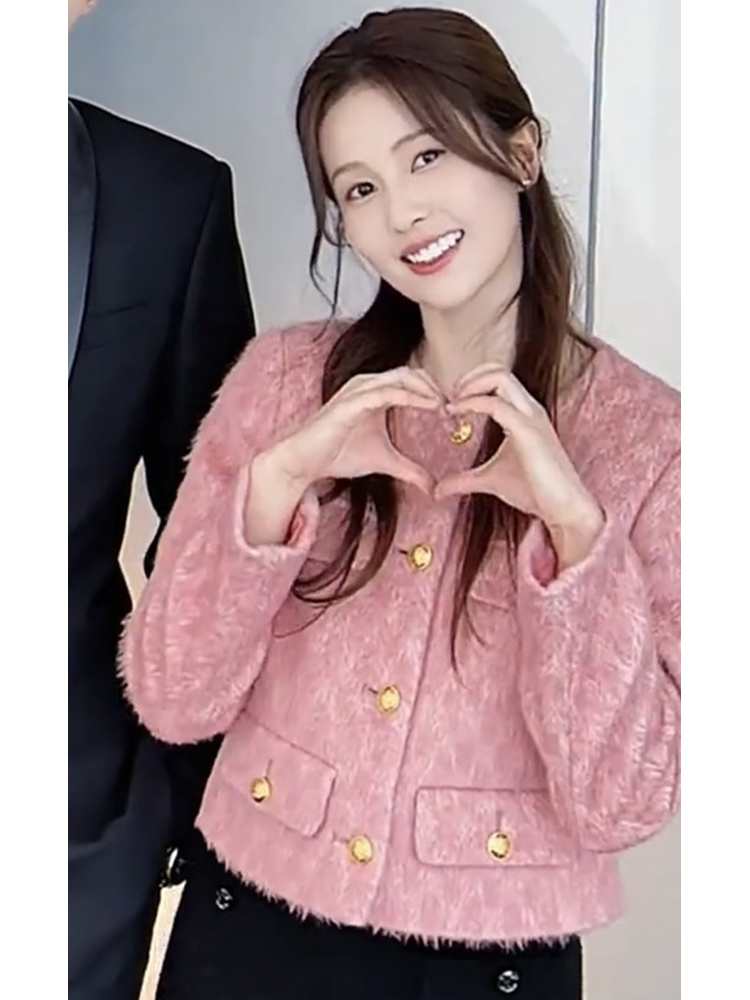 Camping with love, White Deer's same style pink small fragrant jacket for women, niche celebrity style tweed temperament top for autumn