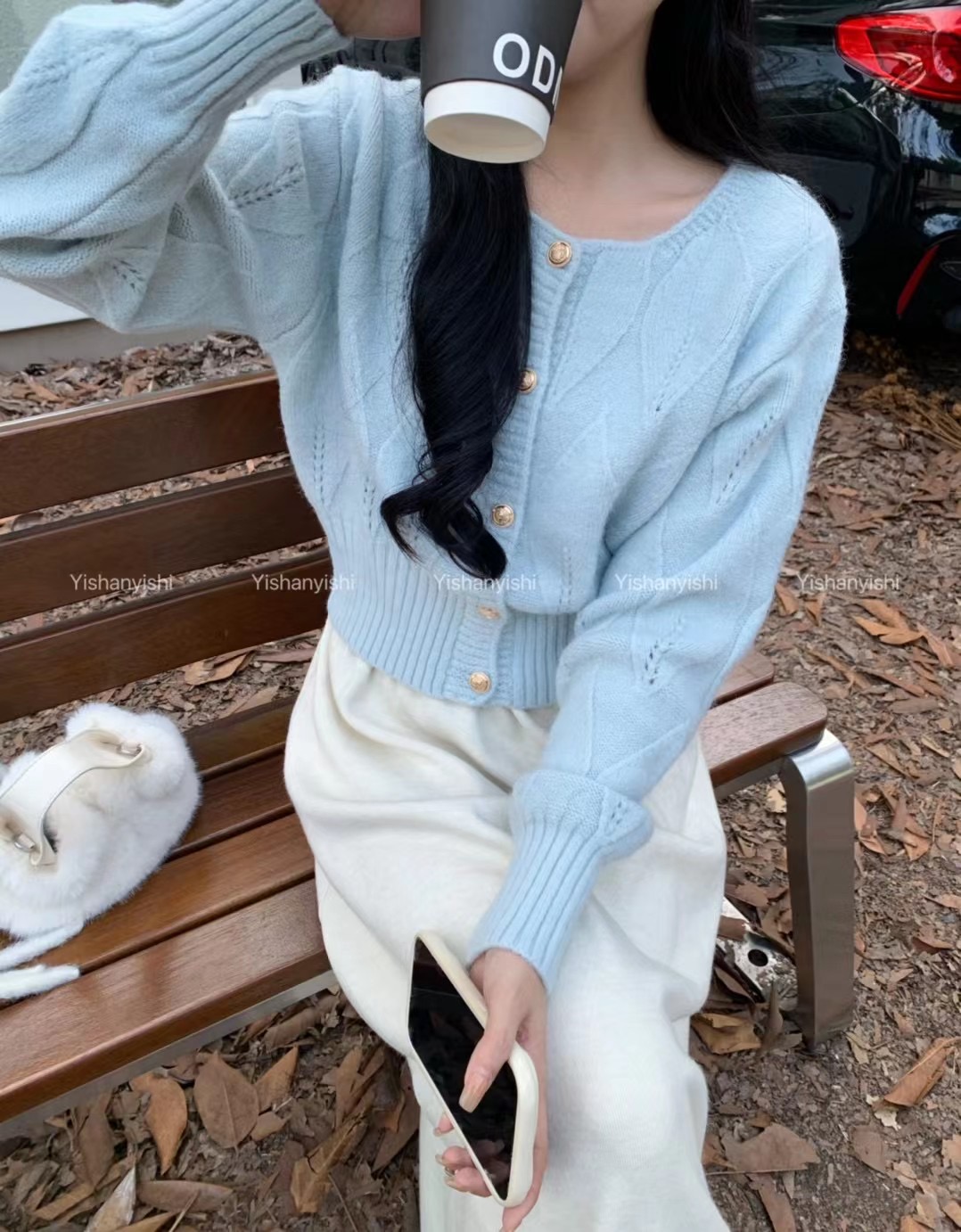 冬季韩版年时尚小清新韩国东大门淑女净色针织圆领单排扣开衫