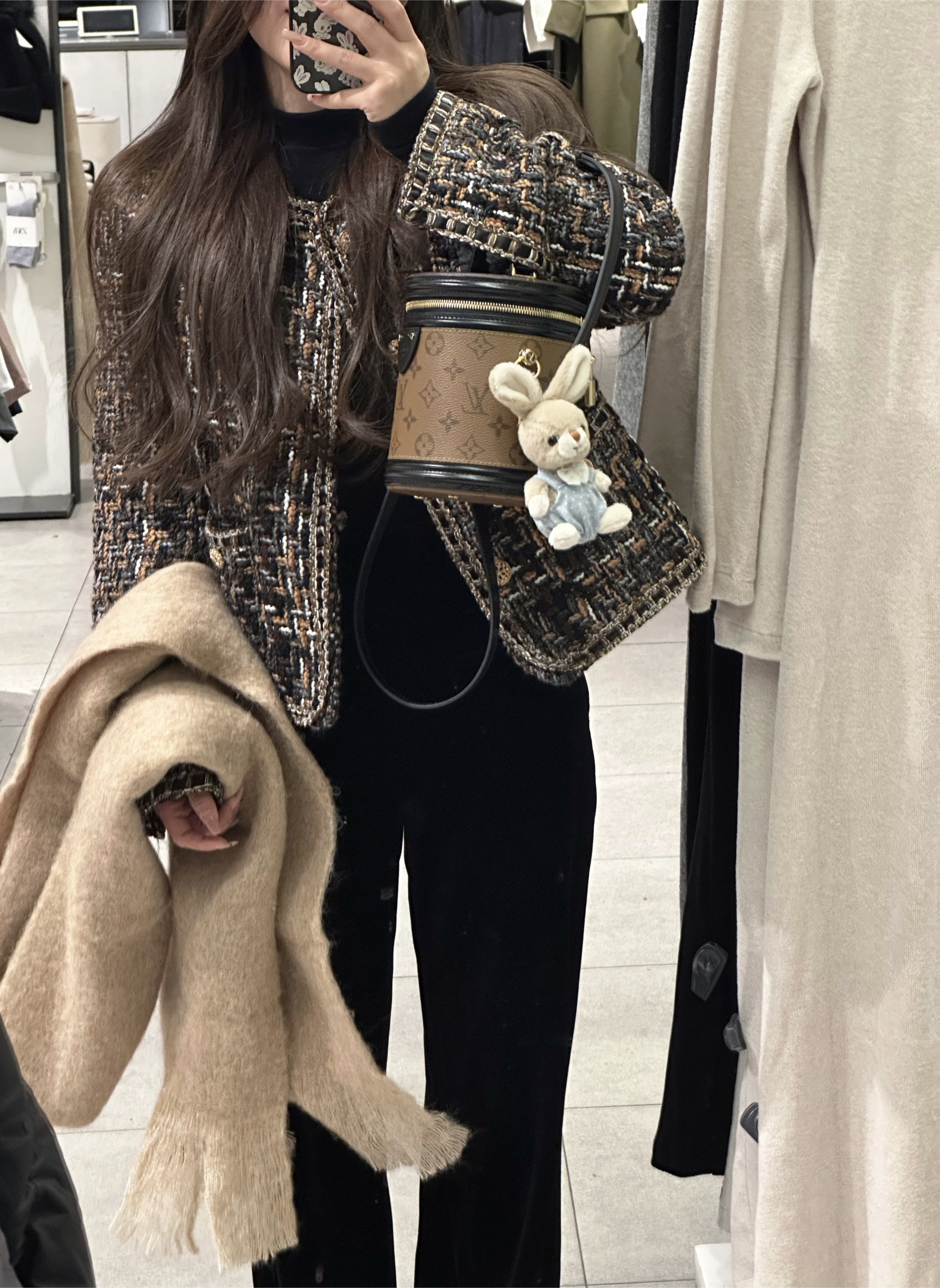 Real shot of temperament mixed color braided ladylike style round neck lazy coffee color tweed short jacket