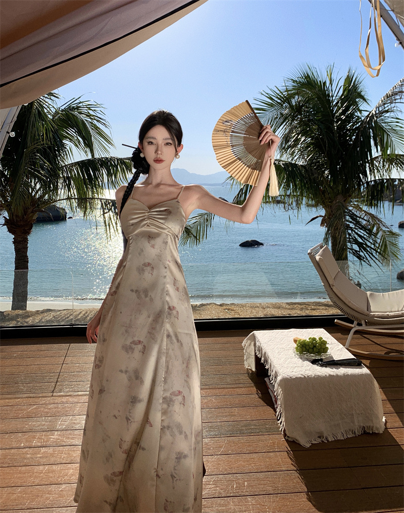 法式拼接印花吊帶連衣裙 夏季新款修身淑女亞麻氣質拼色收腰長裙