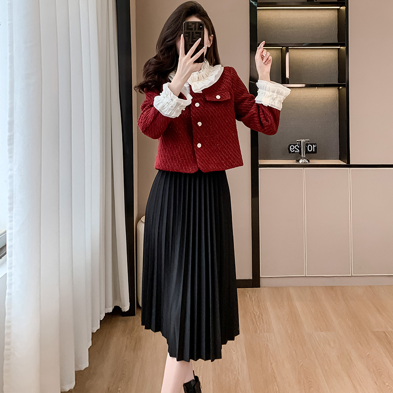 小香風加棉加厚外套女冬新款甜美減齡釘珠木耳花邊兩件套連衣裙