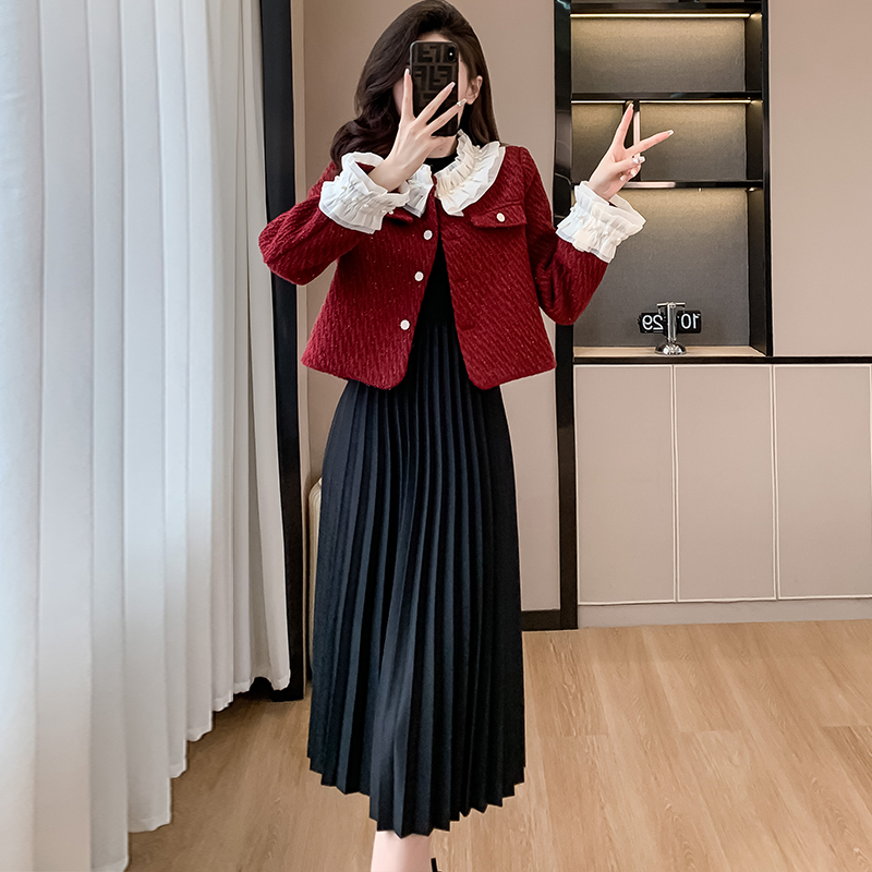 小香風加棉加厚外套女冬新款甜美減齡釘珠木耳花邊兩件套連衣裙