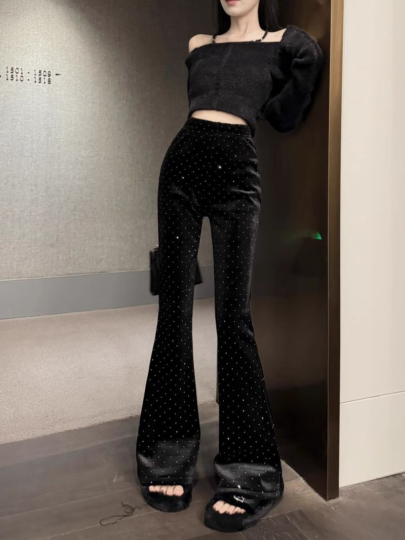 Plus velvet thickened velvet hot silver casual pants women's autumn and winter Korean version  new Hong Kong style design slightly flared trousers trend