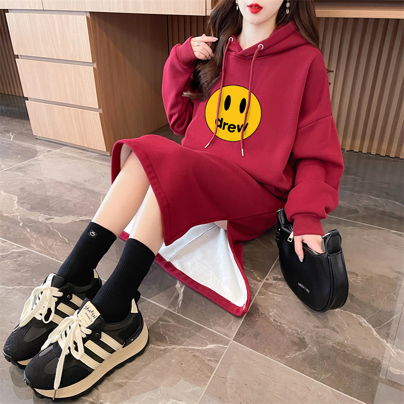 Actual shot of autumn and winter Korean style loose Chinese cotton composite 400g hooded printed over-the-knee dress plus velvet sweatshirt for women