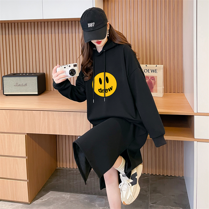 Actual shot of autumn and winter Korean style loose Chinese cotton composite 400g hooded printed over-the-knee dress plus velvet sweatshirt for women