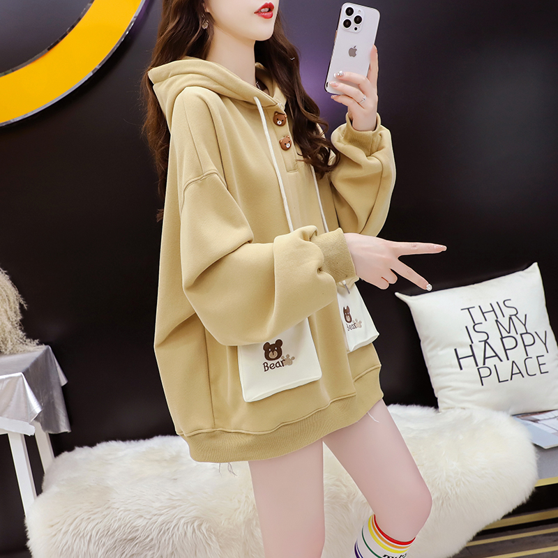 Official picture of China-proof cotton velvet autumn and winter three-dimensional clothing bag bear letter embroidery hooded sweatshirt for women