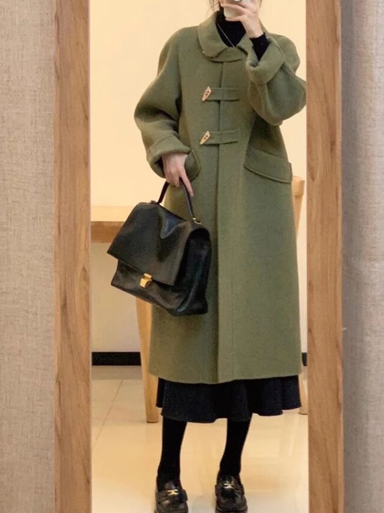Green horn button woolen coat for women autumn and winter 2023 new high-end small Hepburn style woolen coat