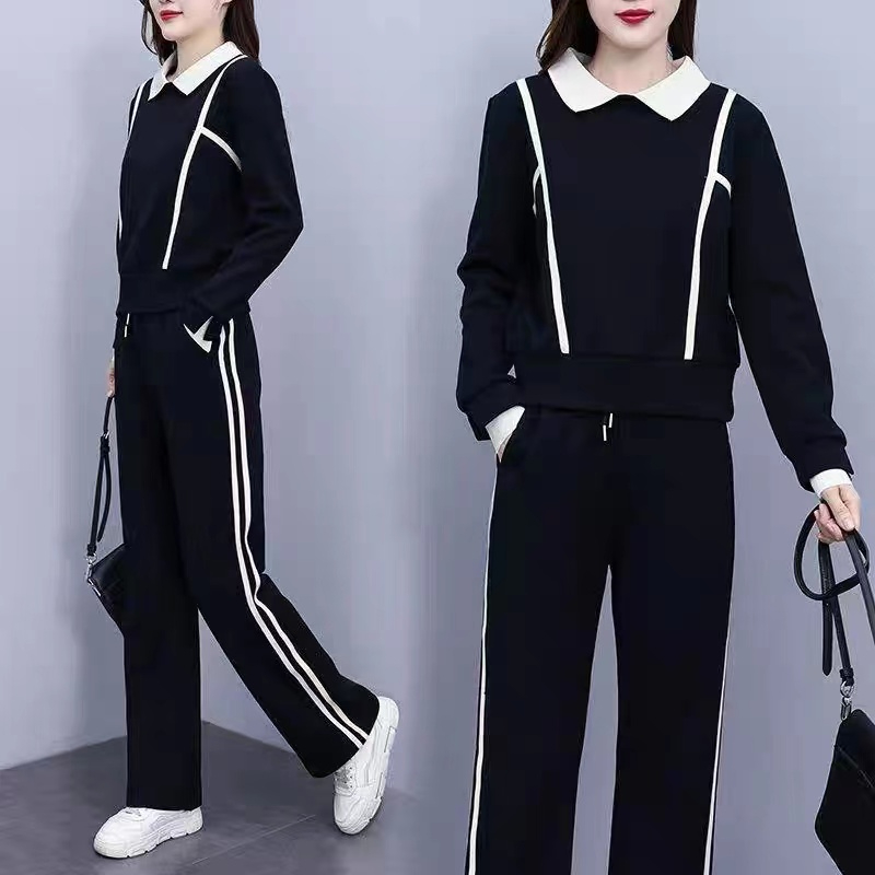 Casual sportswear suit for women  spring and autumn Korean style style age-reducing lapel sweatshirt and trousers two-piece set