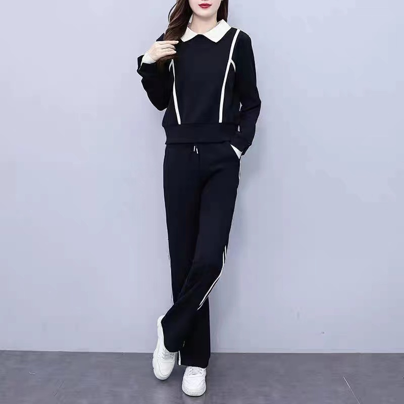 Casual sportswear suit for women  spring and autumn Korean style style age-reducing lapel sweatshirt and trousers two-piece set