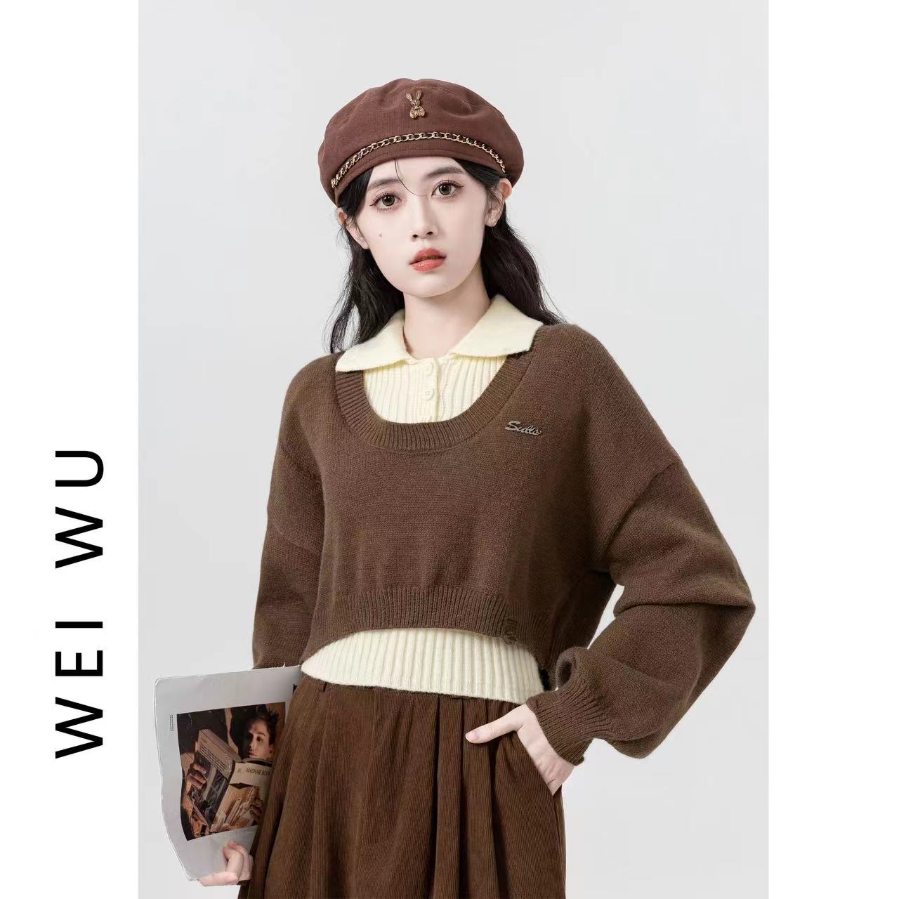 American campus style suit short knitted sweater layered sweater for women autumn and winter slim bottoming shirt top two-piece set