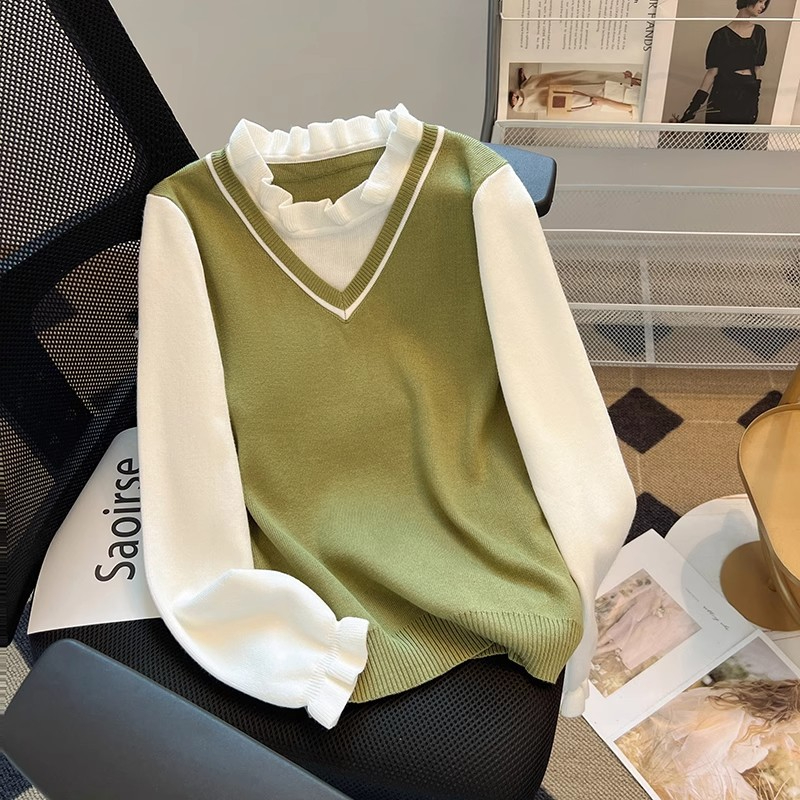 Women's college style autumn and winter new fungus bottoming sweater tops fake two-piece set doll collar sweater