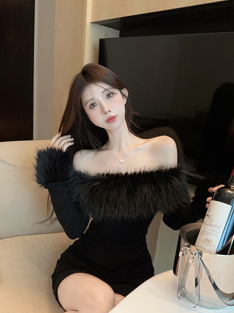 Real shot!  Autumn and winter hot girl fur collar one-shoulder dress for women with sexy slimming hip skirt 2382