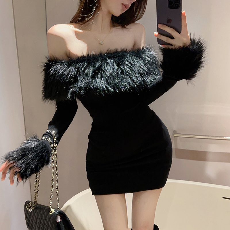 Real shot!  Autumn and winter hot girl fur collar one-shoulder dress for women with sexy slimming hip skirt 2382