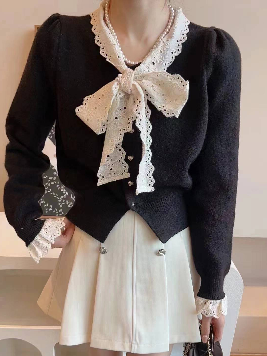 Korean style lace edge knitted cardigan autumn and winter new women's lazy style puff sleeves single breasted sweater jacket