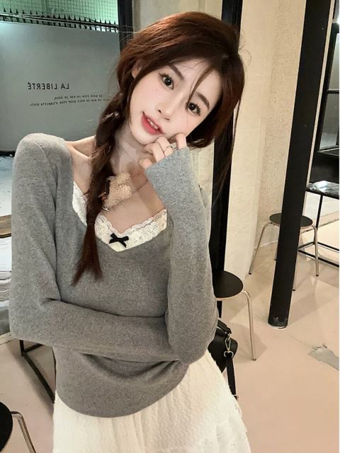 Black 77bm girl spliced ​​lace gray jacquard texture sweater for women autumn and winter V-neck inner wear long-sleeved T-shirt