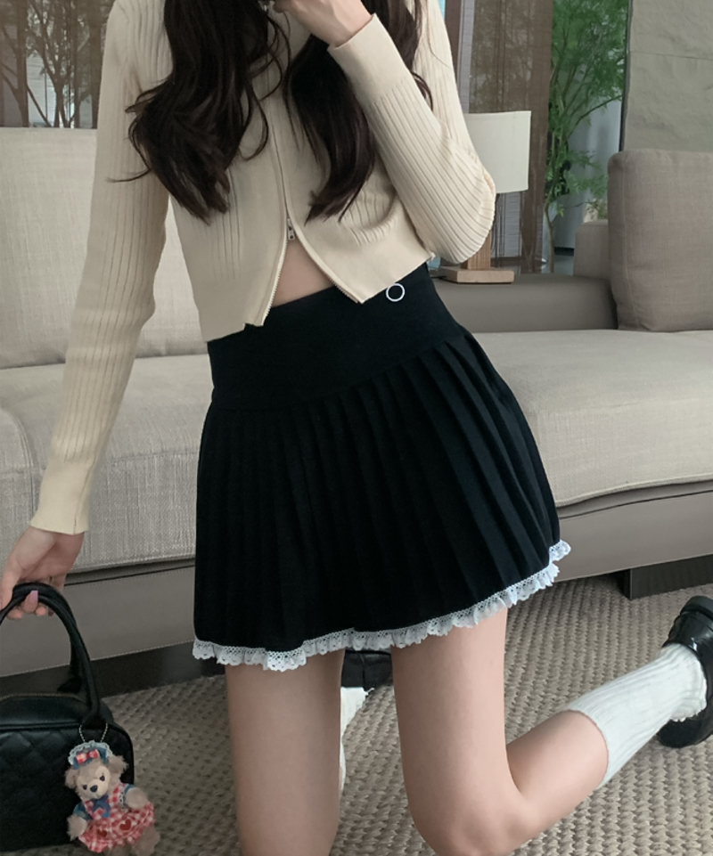 Actual shot of new design lace stitching embroidered pleated skirt high waist slimming skirt