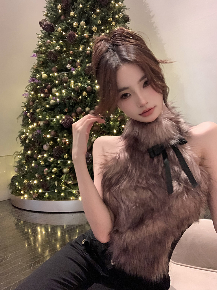 Real shot of Yuye fox design niche bow furry camisole women's outer wear plush top