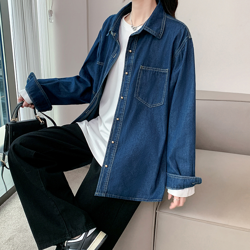 Actual shot ~ Uncurled retro denim long-sleeved shirt for autumn and winter, loose inner layering and commuting jacket shirt