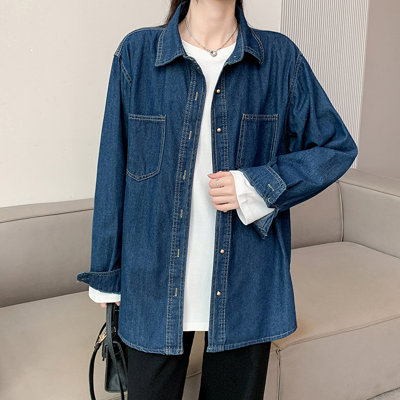 Actual shot ~ Uncurled retro denim long-sleeved shirt for autumn and winter, loose inner layering and commuting jacket shirt