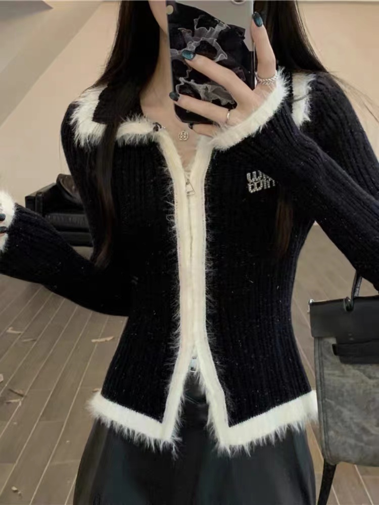 Korean version of sweet, cool and spicy niche unique design fashionable temperament sexy double zipper slim zipper knitted cardigan for women