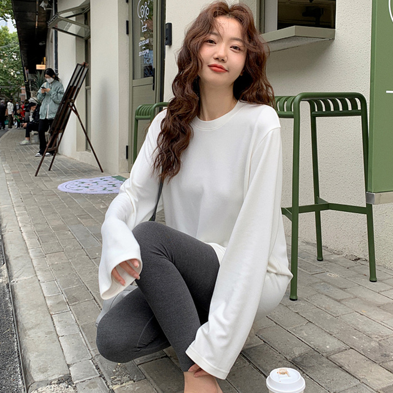 Quality Inspection Official Picture Double-sided Velvet Classic Versatile Long Sleeve T-Shirt Women's Mid-Length Slim Round Neck Solid Color Bottoming Top