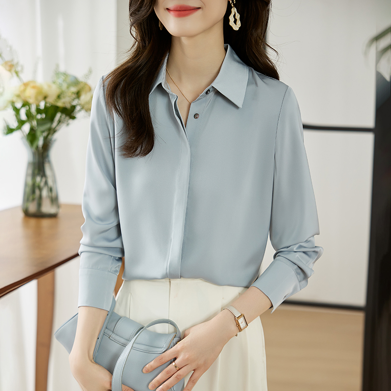 實拍灰藍色緞面襯衫女長袖秋百搭暗門襟復古港風垂感通勤輕熟