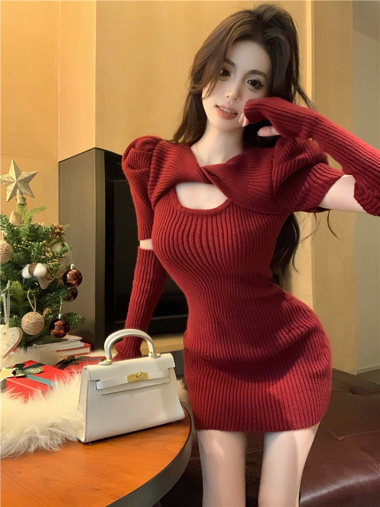 Real shot!  Christmas atmosphere puff sleeve dress for women in autumn and winter, hollow sexy hip skirt