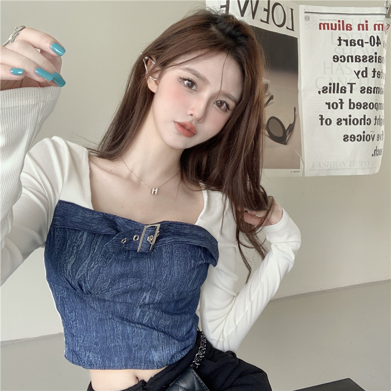 Chic sweet and spicy splicing long-sleeved fake two-piece bottoming shirt for women in autumn and winter unique design niche pure desire short top