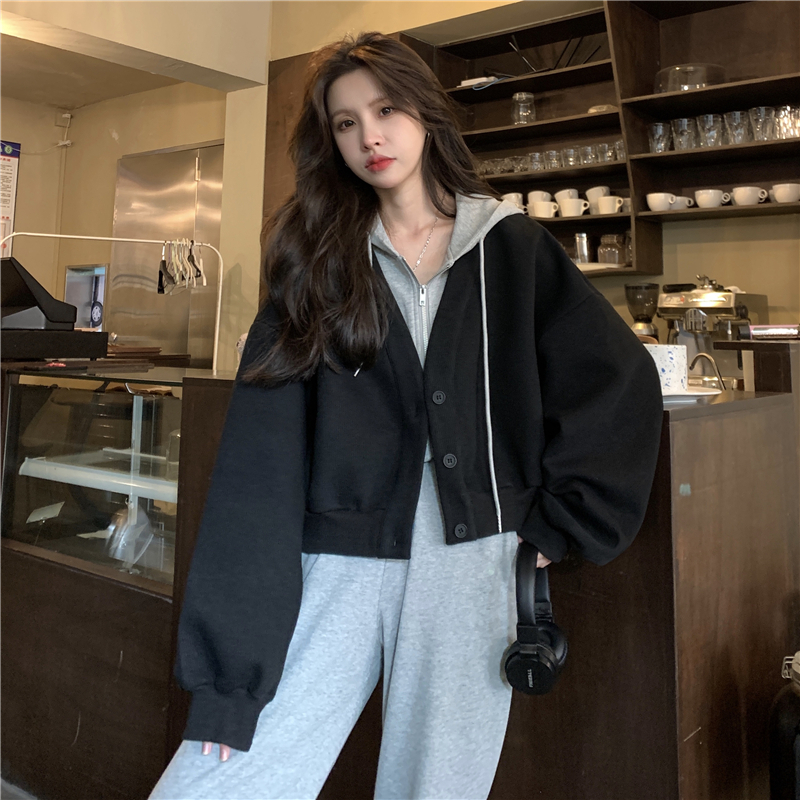 300g Chinese cotton composite CVC cotton ribbed alloy zipper loose fake two-piece set hooded sweatshirt jacket