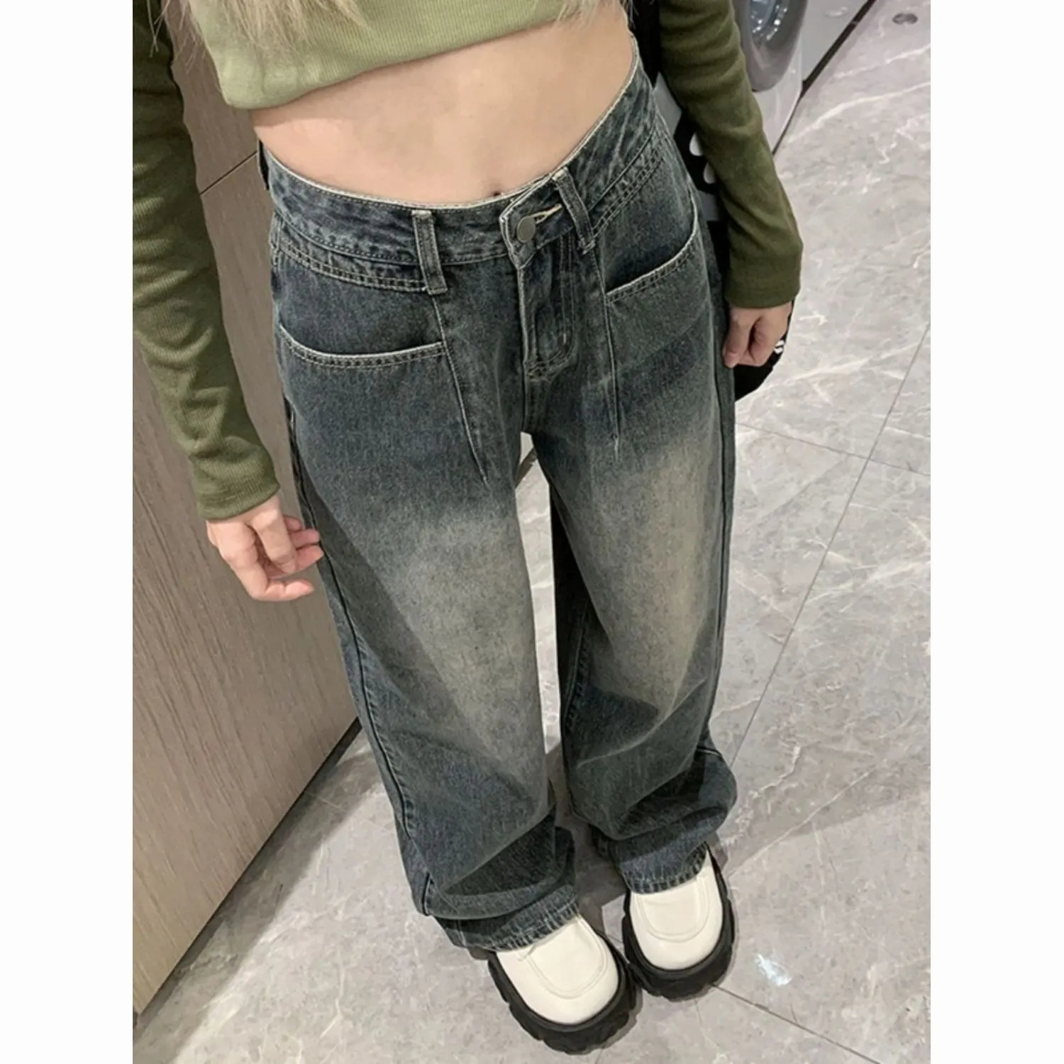 Hong Kong style retro straight jeans for women spring and autumn 2024 new large size fat mm high waist slimming wide leg floor mopping pants