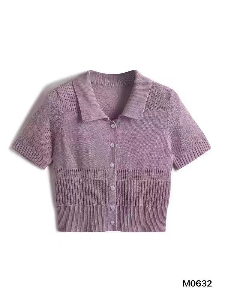 New Korean style polo collar single-breasted hollow knitted short-sleeved top for women