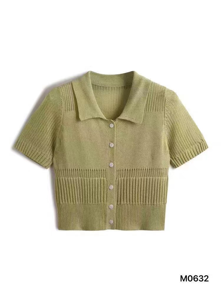 New Korean style polo collar single-breasted hollow knitted short-sleeved top for women