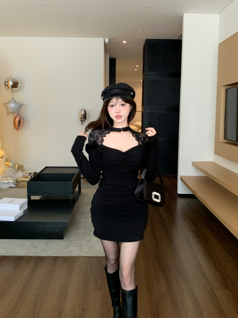 Real shot of Pure Lust Lace Spliced ​​Hollow Long Sleeve Dress Autumn and Winter Sexy Hot Girl Slim Fit Hip Skirt