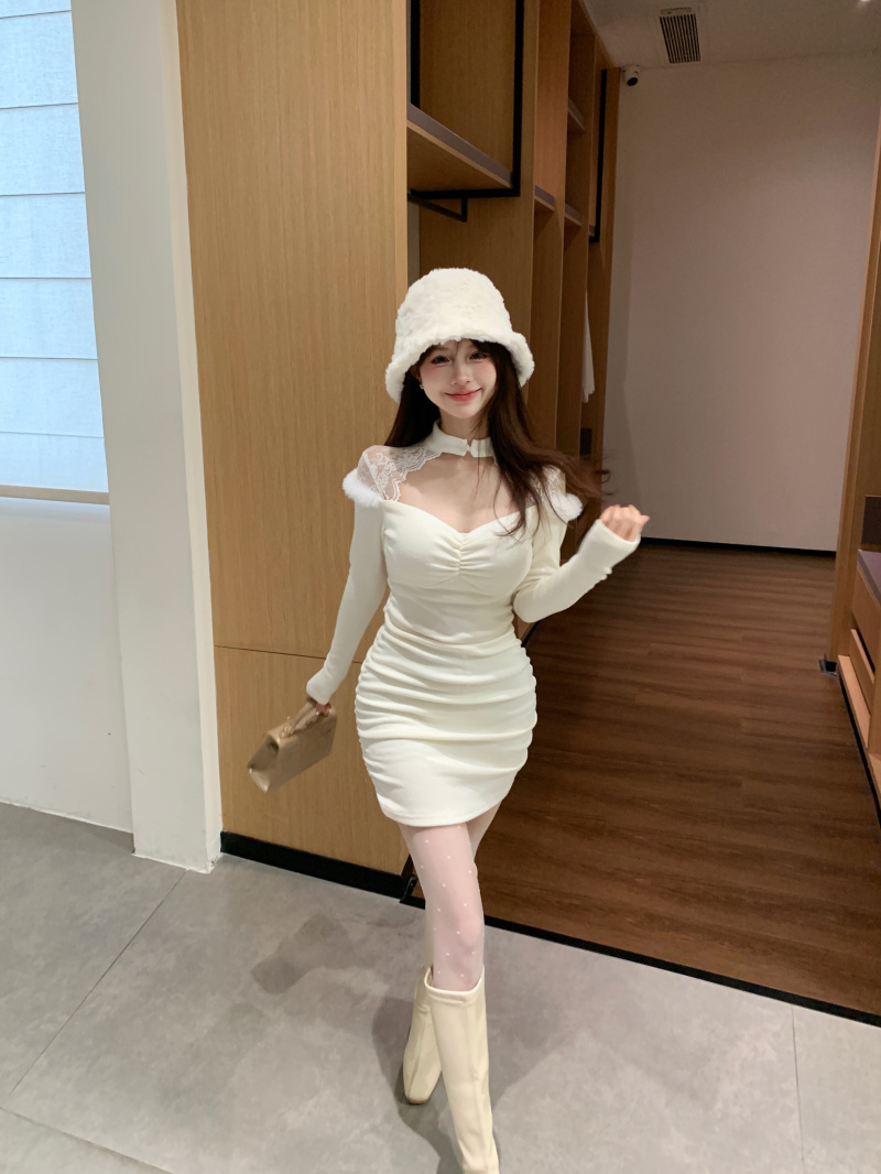 Real shot of Pure Lust Lace Spliced ​​Hollow Long Sleeve Dress Autumn and Winter Sexy Hot Girl Slim Fit Hip Skirt