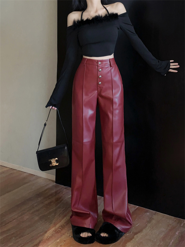 Actual shot of new autumn and winter PU leather casual pants, loose high-waisted straight slimming wide-leg leather pants