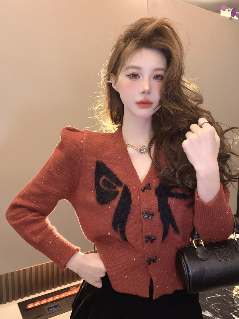 Real shot~Autumn and winter new Korean style bow V-neck sequined puff sleeves thickened sweet sweater cardigan