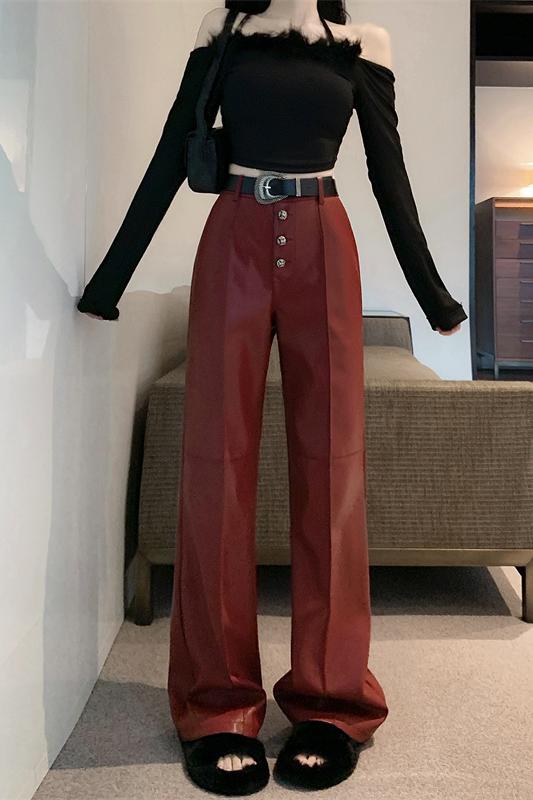 Actual shot of new autumn and winter PU leather casual pants, loose high-waisted straight slimming wide-leg leather pants