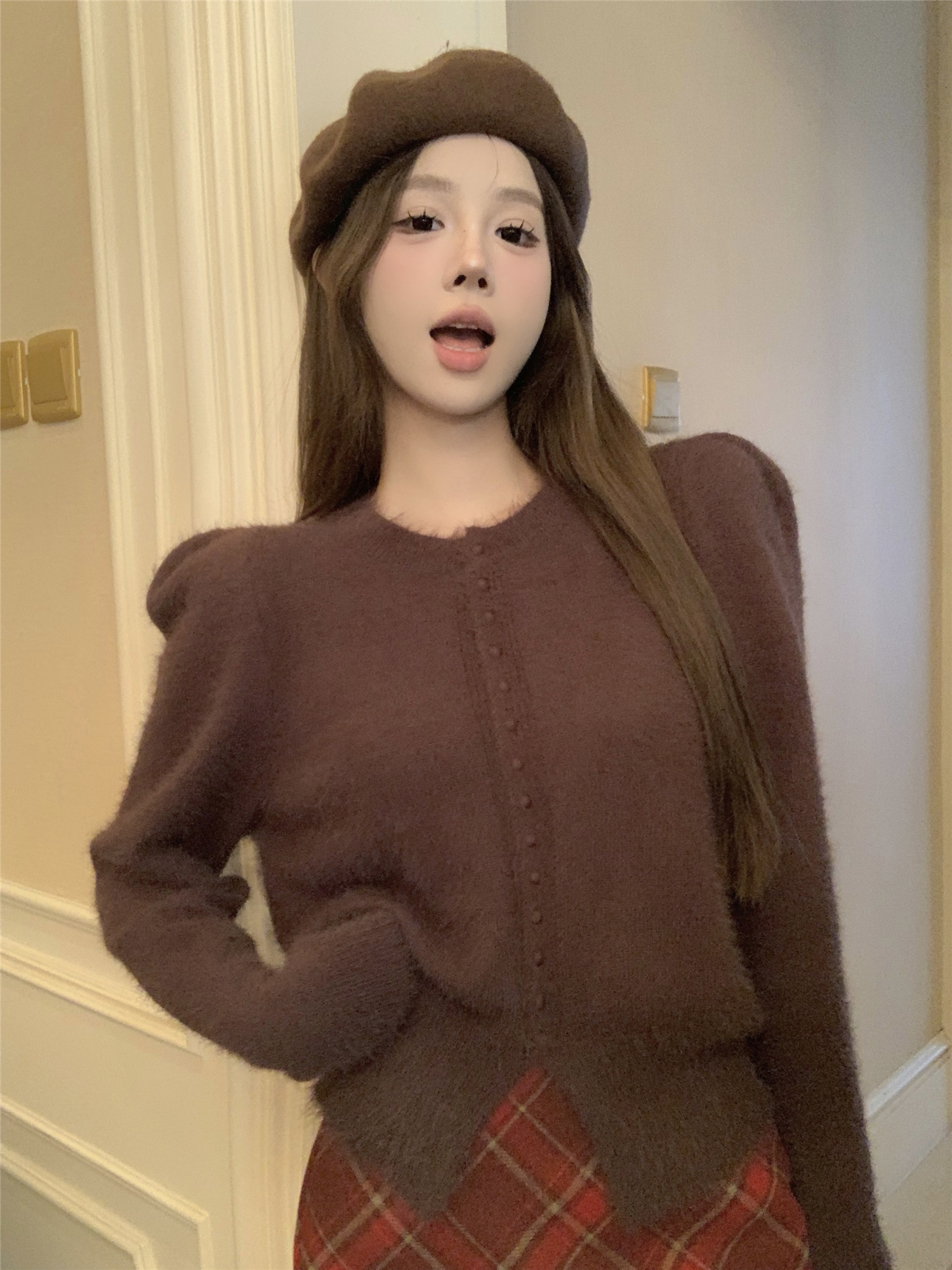 Real shot~Korean style raccoon plush multi-button sweater jacket with small fragrance style outer knitted sweater