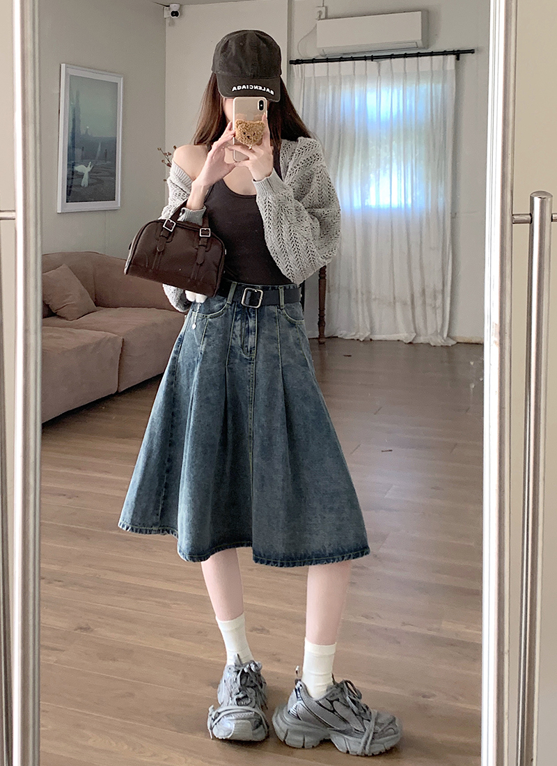 Actual shot of 2024 Spring New Retro Style Washed Denim Skirt Women's Casual Versatile A-Line Pleated Mid Skirt