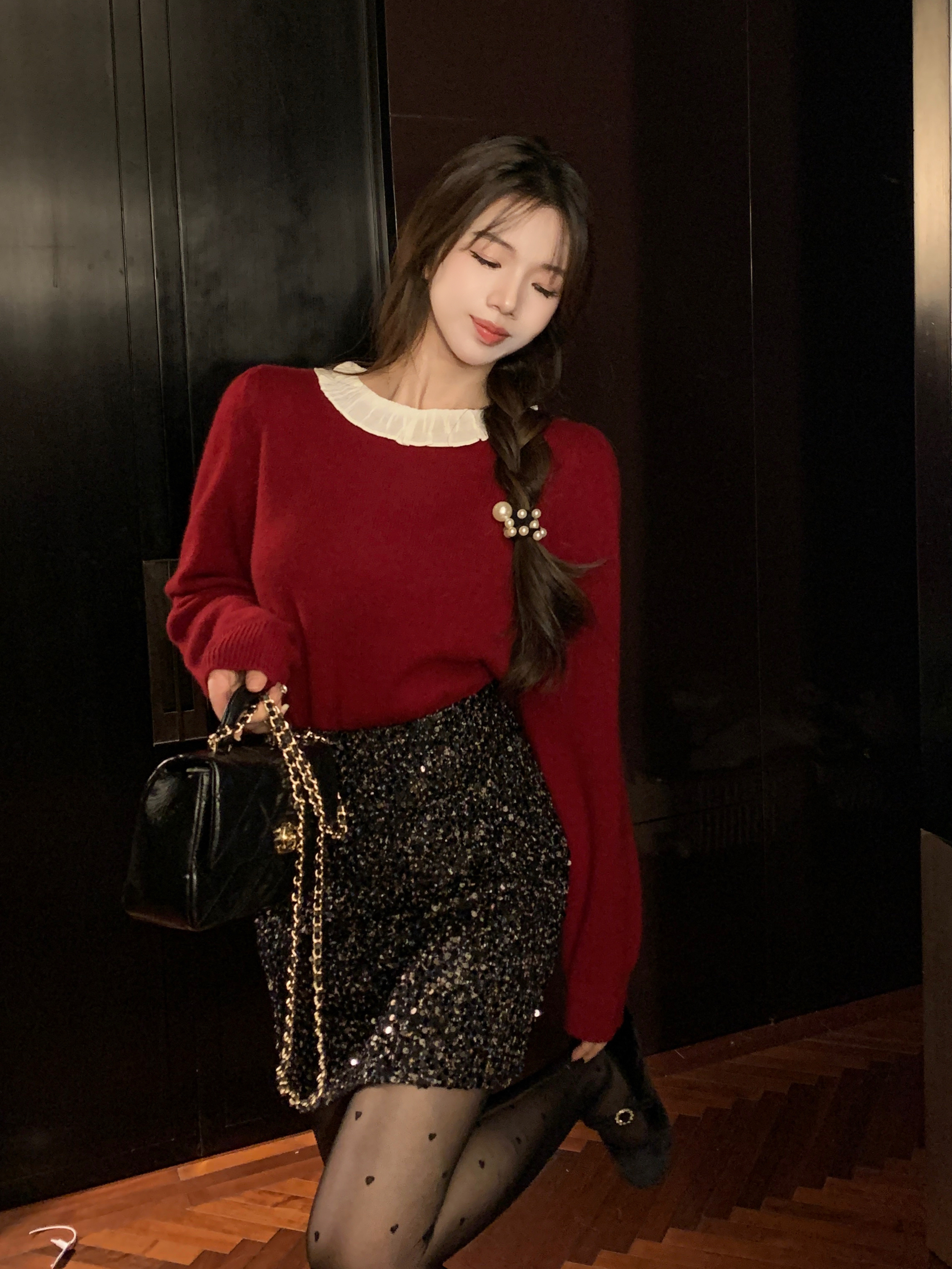实拍秋冬韩系拼接领高级感气质红色毛衣搭亮片包臀短裙套装两件套