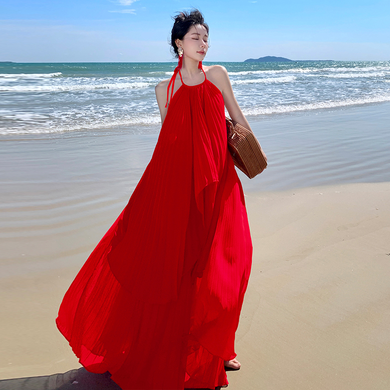 超仙海邊度假連衣裙露背長裙高級感氛圍拍照女神穿搭性感仙氣套裝