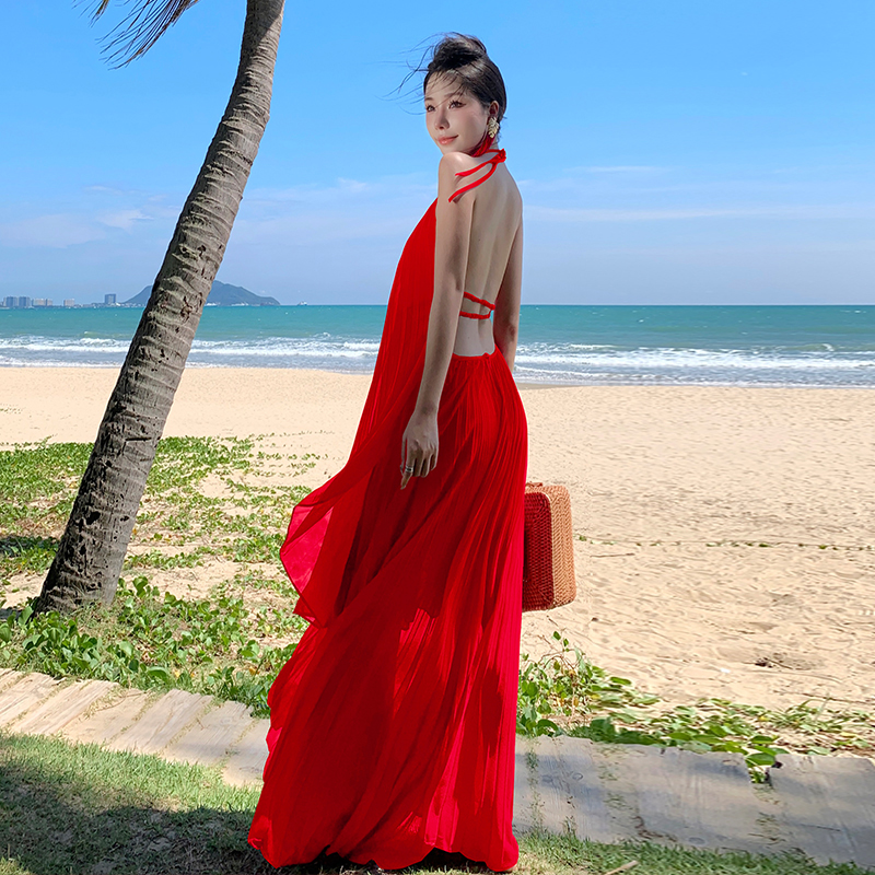 超仙海邊度假連衣裙露背長裙高級感氛圍拍照女神穿搭性感仙氣套裝