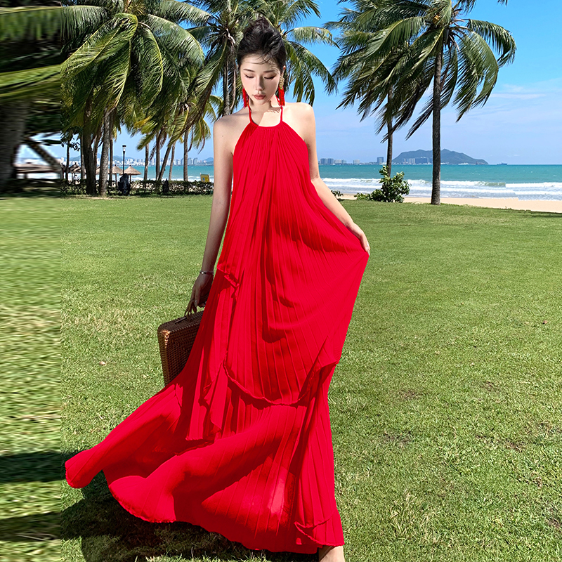 超仙海邊度假連衣裙露背長裙高級感氛圍拍照女神穿搭性感仙氣套裝